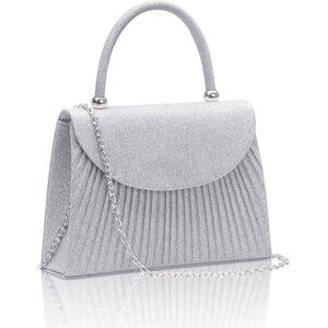 🆕Women’s Silver Glitter Top Handle Evening Handbag w/Chain Crossbody Purse